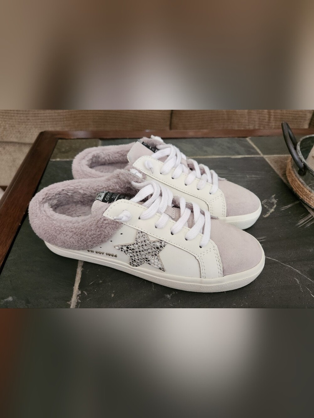 Vintage Havana Women's White Sneakers with Light Gray Suede & Star Accent